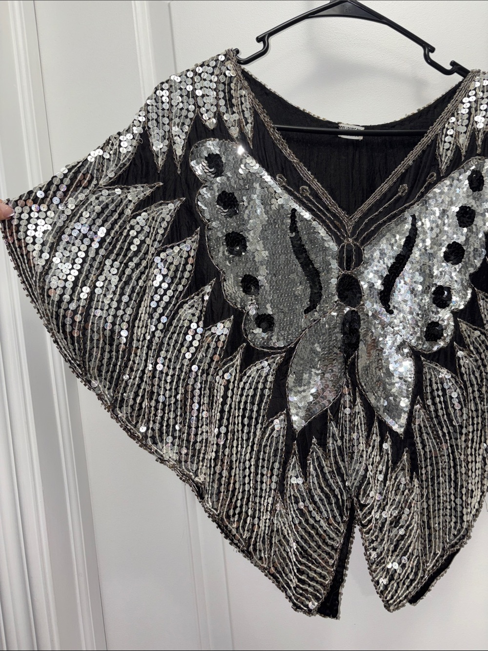 Vintage Silk Black Sheer Sequin Butterfly Poncho Top Beaded Batwing Festival - Picture 4 of 8